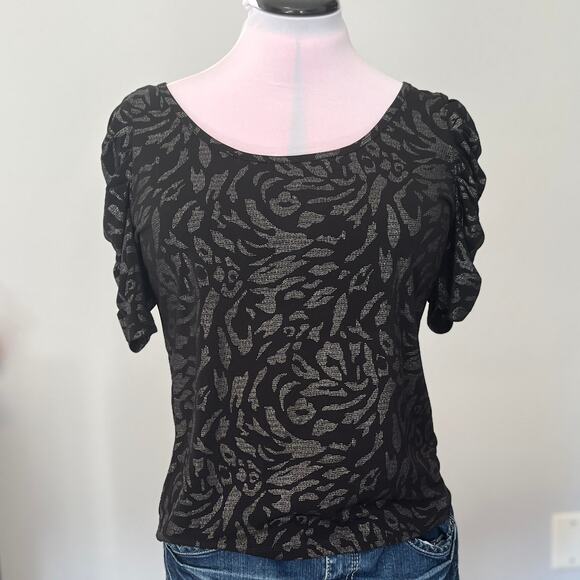 Worthington | Slinky Animal Print Top | Size M | Sparkly Ruffle Sleeve Blouse - Picture 2 of 10
